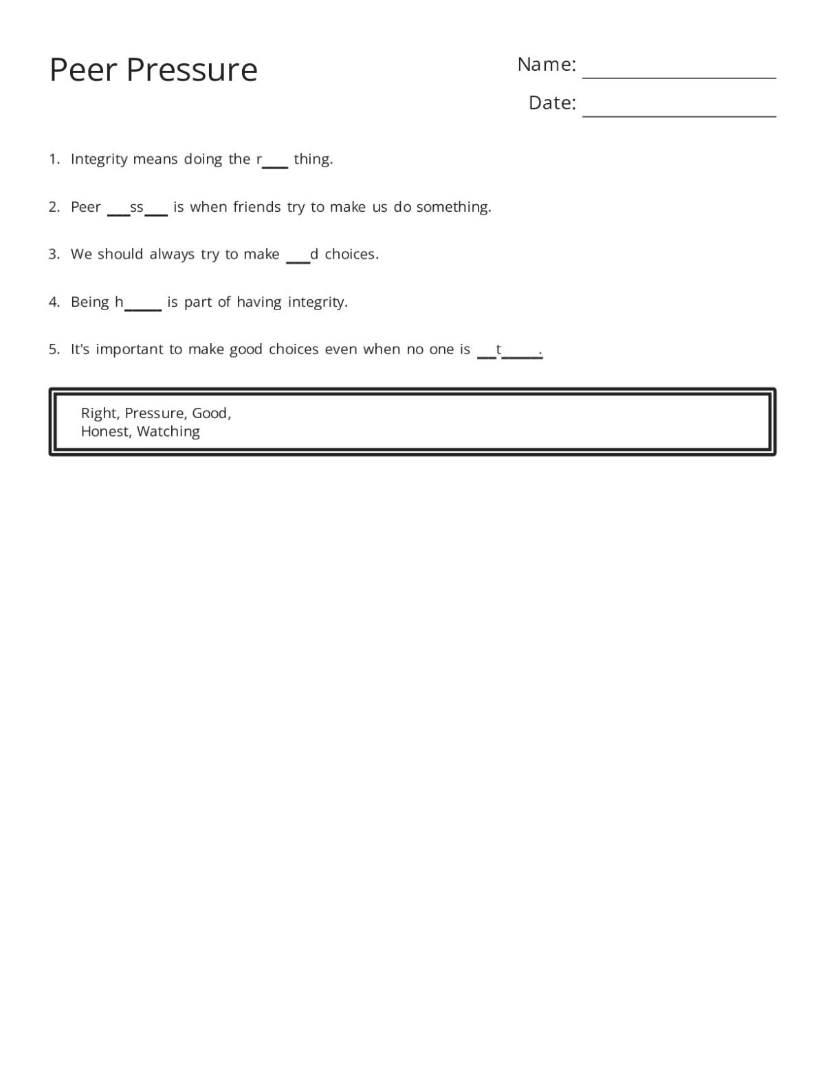 Social-emotional learning worksheet for young students on peer pressure and making good choices, with blanks to fill and space to draw.