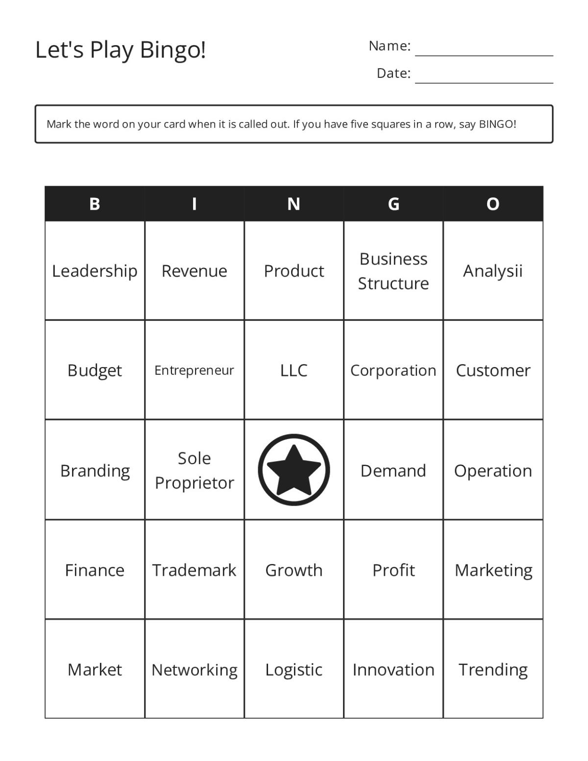 Business vocabulary bingo cards with terms like entrepreneur, marketing, profit, and LLC.