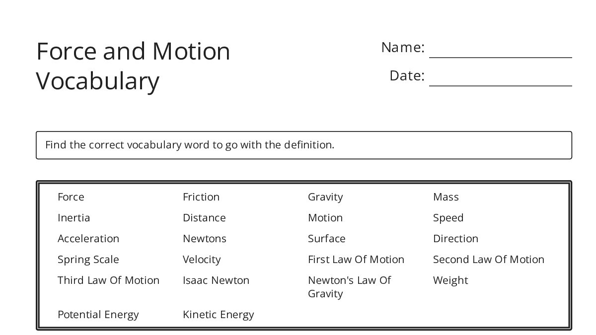 Force and Motion Vocabulary - My Worksheet Maker: Create Your Own ...