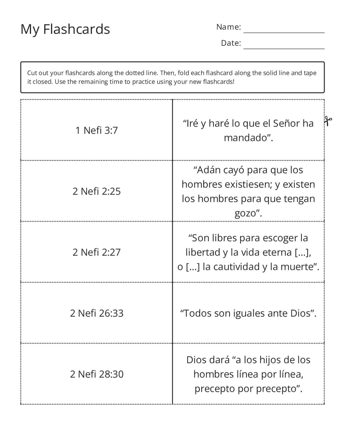Scripture flashcard set with Book of Nefi passages for Grade 7 religious education.