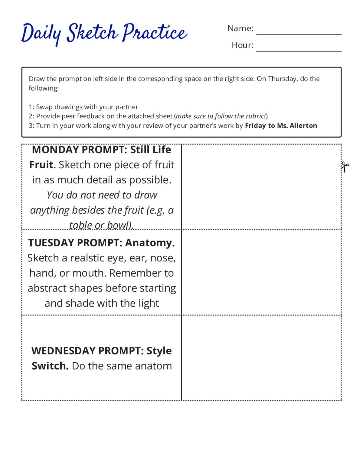 Daily sketch practice prompts for high school visual arts, including still life and anatomy drawing exercises.