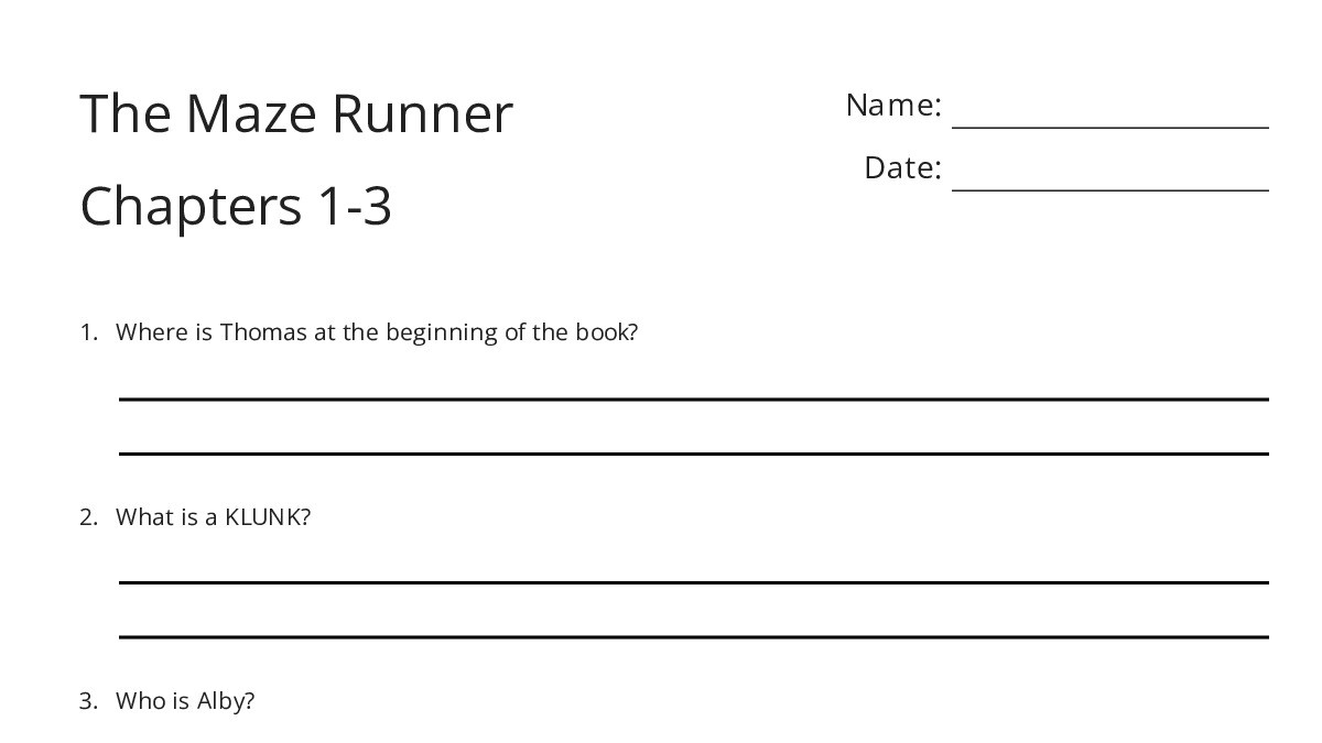 The Maze Runner Chapters 1-3 - My Worksheet Maker: Create Your Own ...