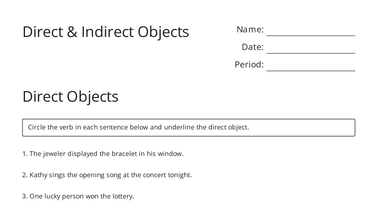 Direct & Indirect Objects - My Worksheet Maker: Create Your Own Worksheets