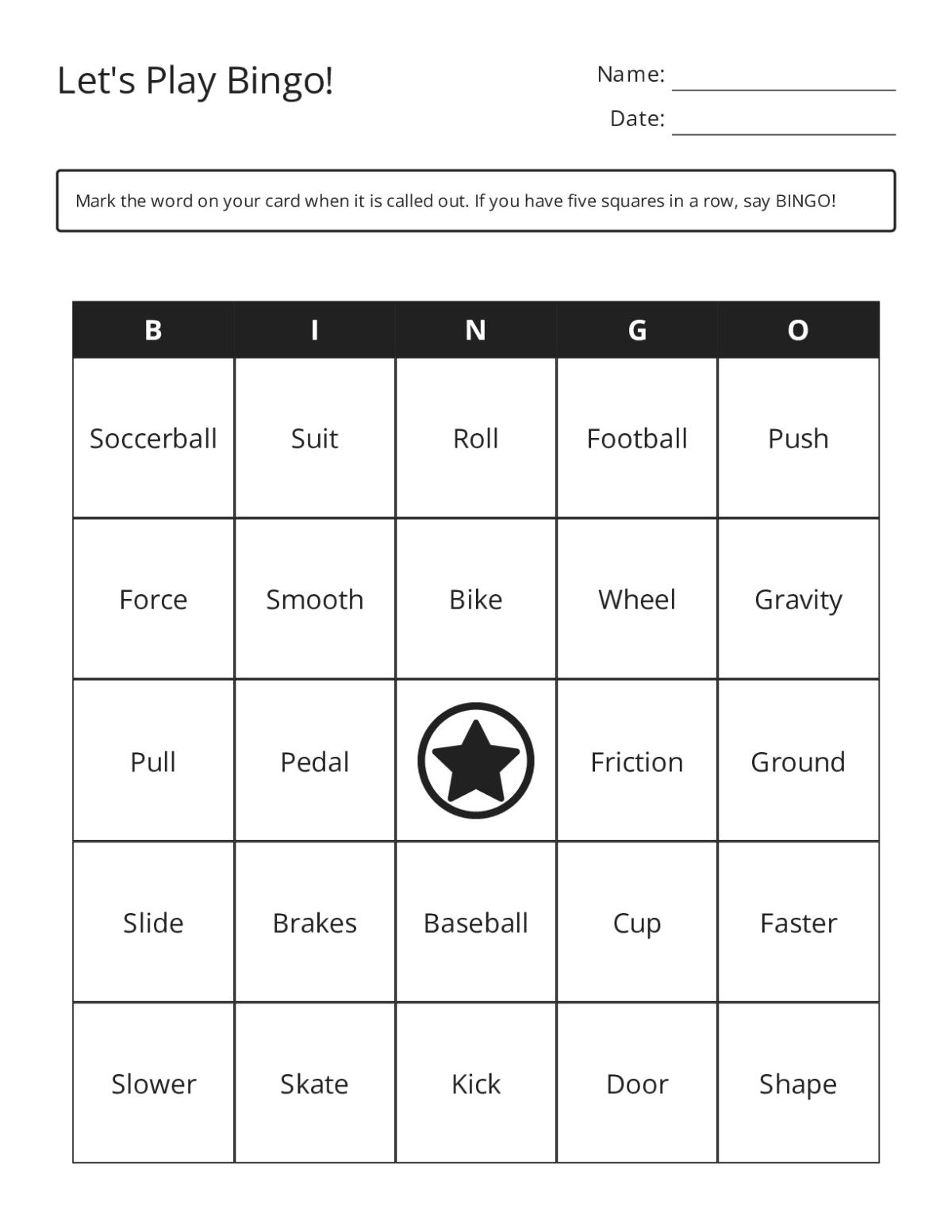 Bingo cards with forces and motion vocabulary including gravity, friction, and sports examples.