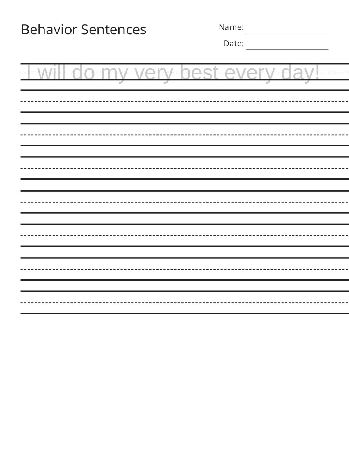 Handwriting practice worksheet for Kindergarten to 2nd grade with positive behavior affirmation to trace and copy.