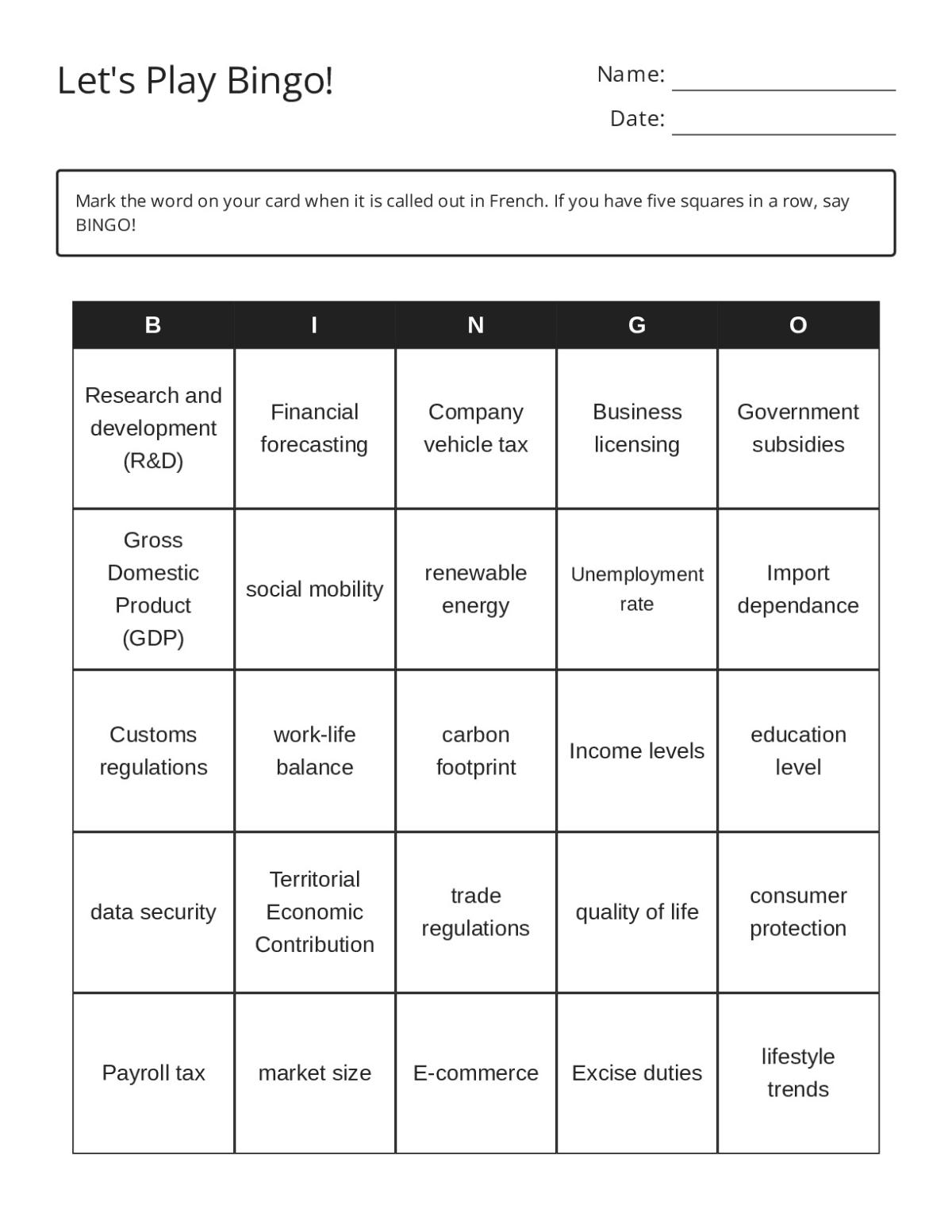 Economics and business bingo cards with terms for GDP, trade agreements, tax policy, and sustainability.