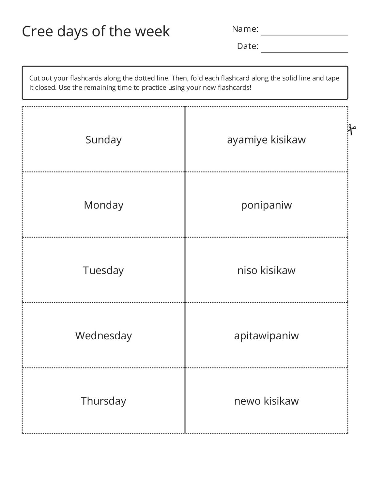 Cree language flashcards teaching days of the week for Kindergarten.