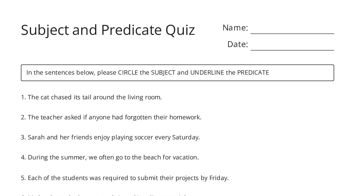 Subject and Predicate Quiz - My Worksheet Maker: Create Your Own Worksheets