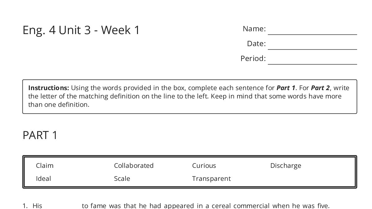Eng. 4 Unit 3 - Week 1 - My Worksheet Maker: Create Your Own Worksheets