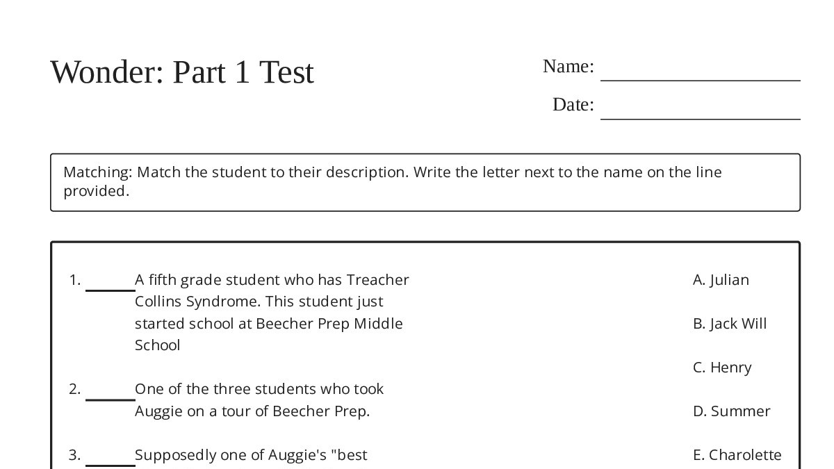Wonder: Part 1 Test - My Worksheet Maker: Create Your Own Worksheets