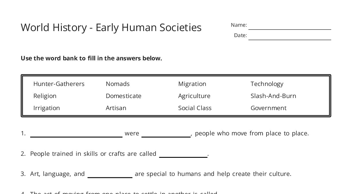 World History - Early Human Societies - My Worksheet Maker: Create Your ...