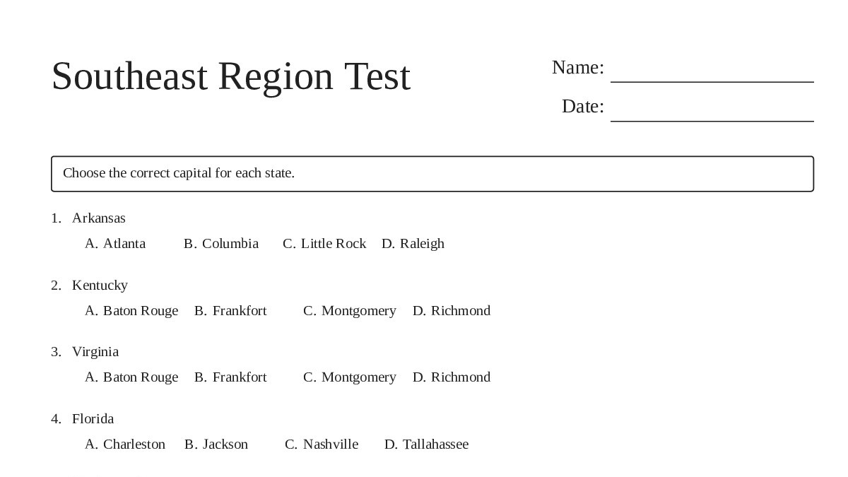 Southeast Region Test - My Worksheet Maker: Create Your Own Worksheets