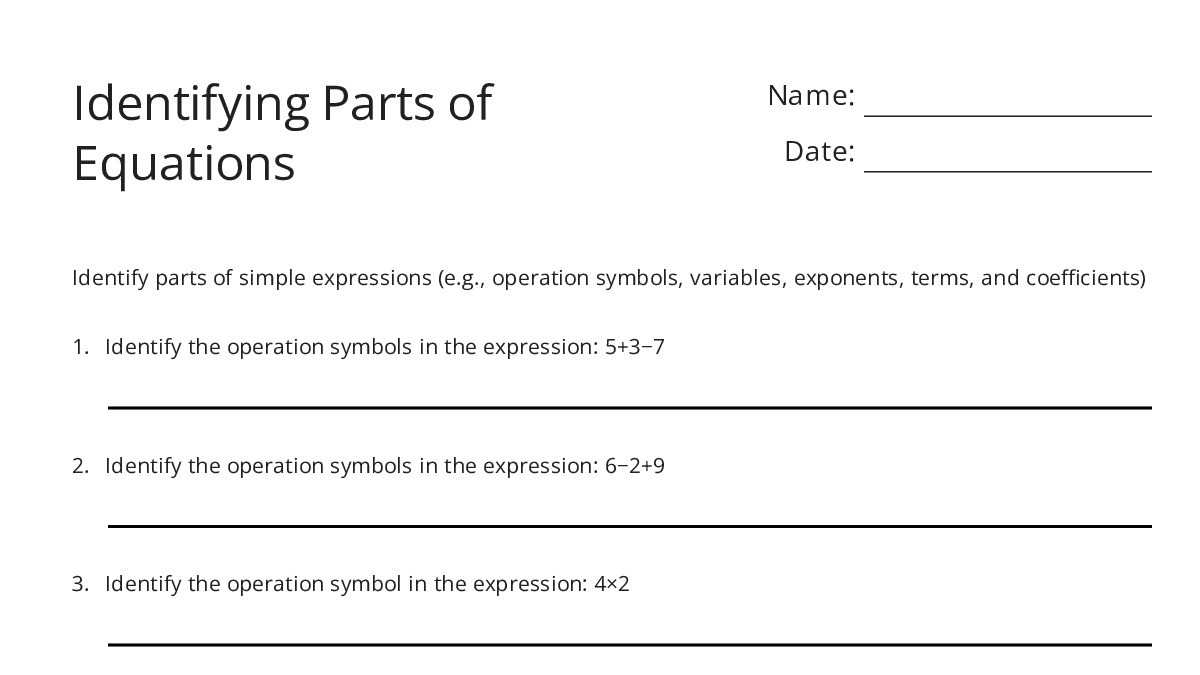 Identifying Parts of Equations - My Worksheet Maker: Create Your Own ...
