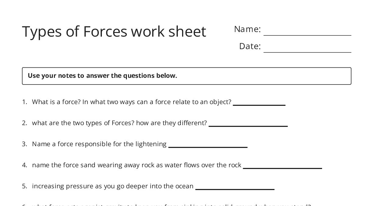 Types of Forces work sheet - My Worksheet Maker: Create Your Own Worksheets