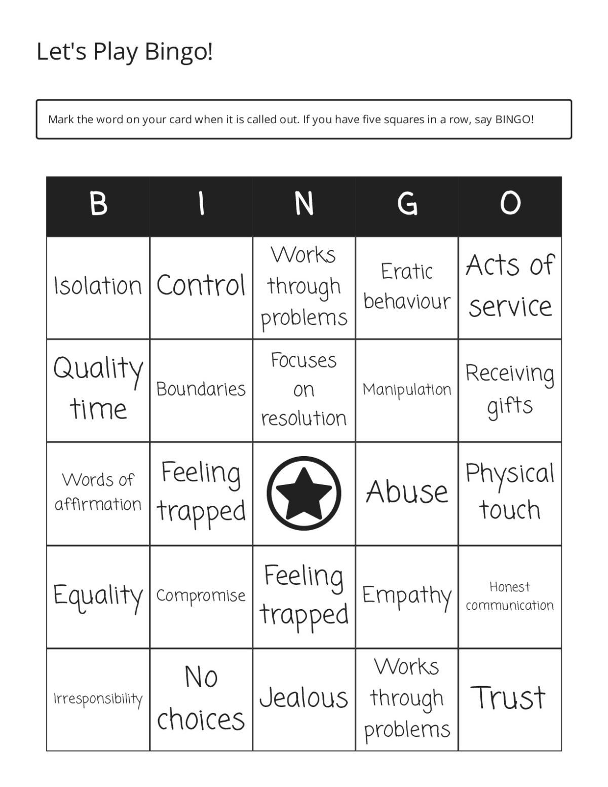 Bingo cards on healthy and unhealthy relationships with love languages, boundaries, and red flags.