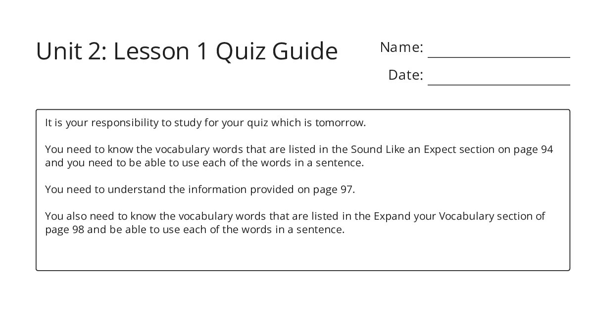 Unit 2: Lesson 1 Quiz Guide - My Worksheet Maker: Create Your Own ...