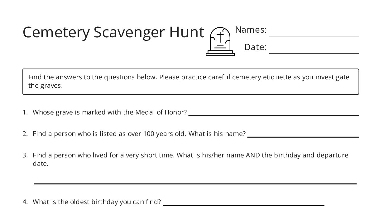 Cemetery Worksheet Cemetery Scavenger Hunt - My Worksheet Maker: Create Your Own Worksheets