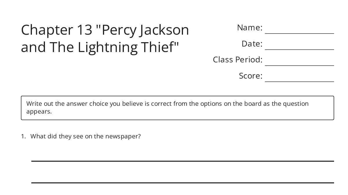 Chapter 13 "Percy Jackson and The Lightning Thief" - My Worksheet Maker ...