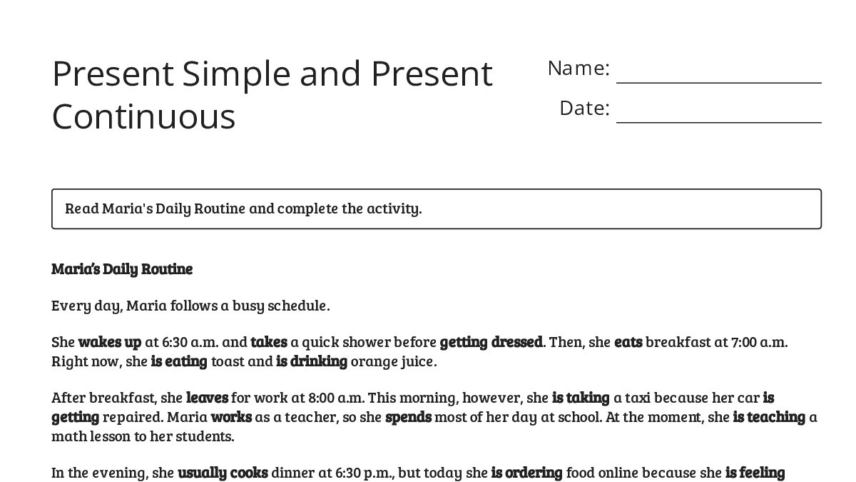 Present Simple and Present Continuous - My Worksheet Maker: Create Your ...