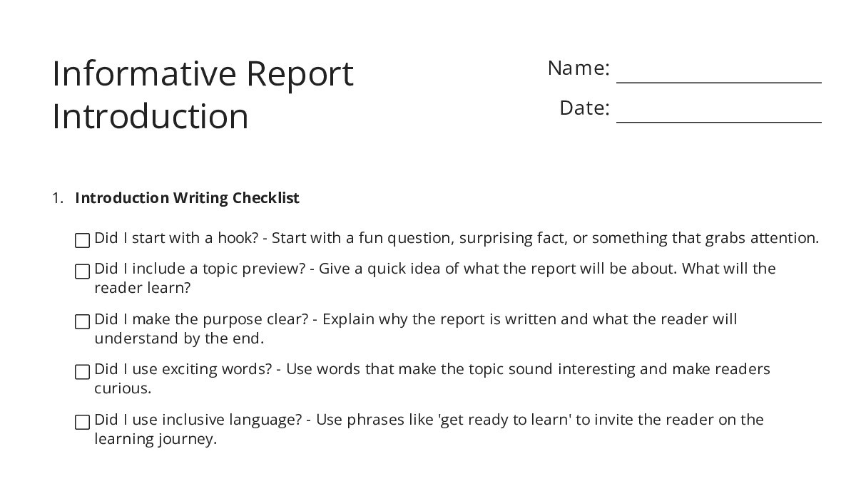 Information Introduction Example Informative Report Introduction - My Worksheet Maker: Create Your Own ...