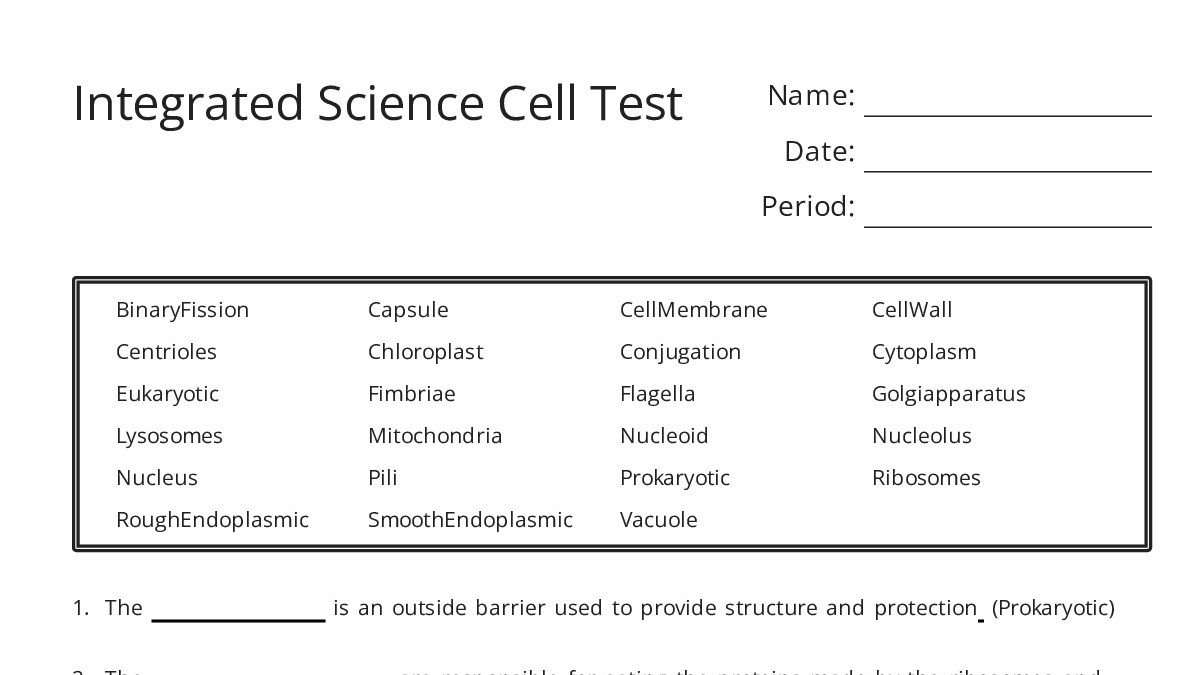 Integrated Science Cell Test - My Worksheet Maker: Create Your Own ...