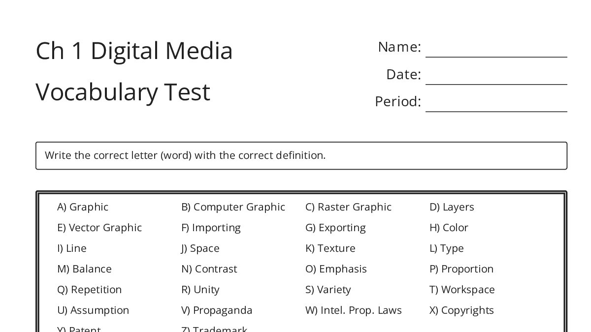 Ch 1 Digital Media Vocabulary Test - My Worksheet Maker: Create Your ...