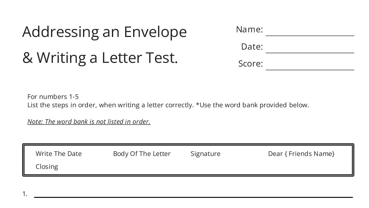 Addressing an Envelope & Writing a Letter Test. - My Worksheet Maker ...