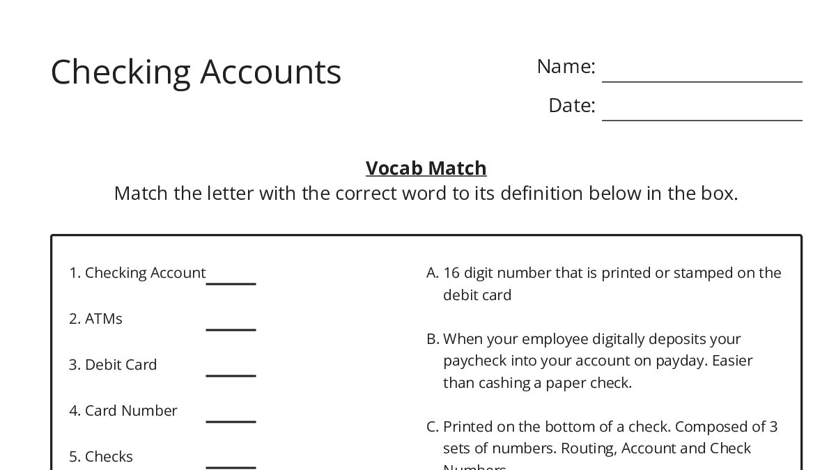 Checking Accounts - My Worksheet Maker: Create Your Own Worksheets