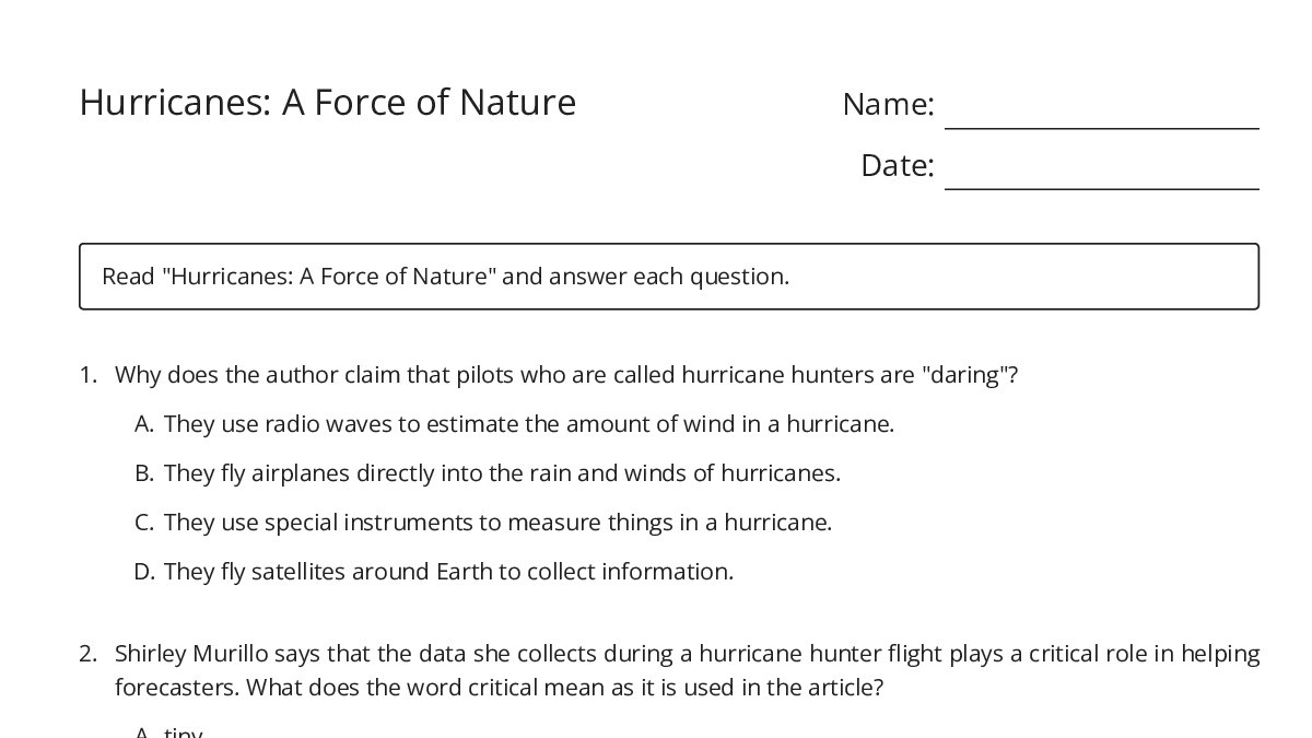Hurricanes: A Force of Nature - My Worksheet Maker: Create Your Own ...