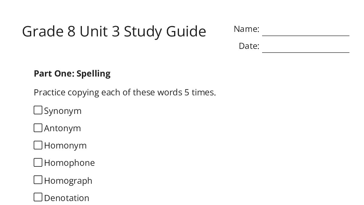 Grade 8 Unit 3 Study Guide - My Worksheet Maker: Create Your Own Worksheets