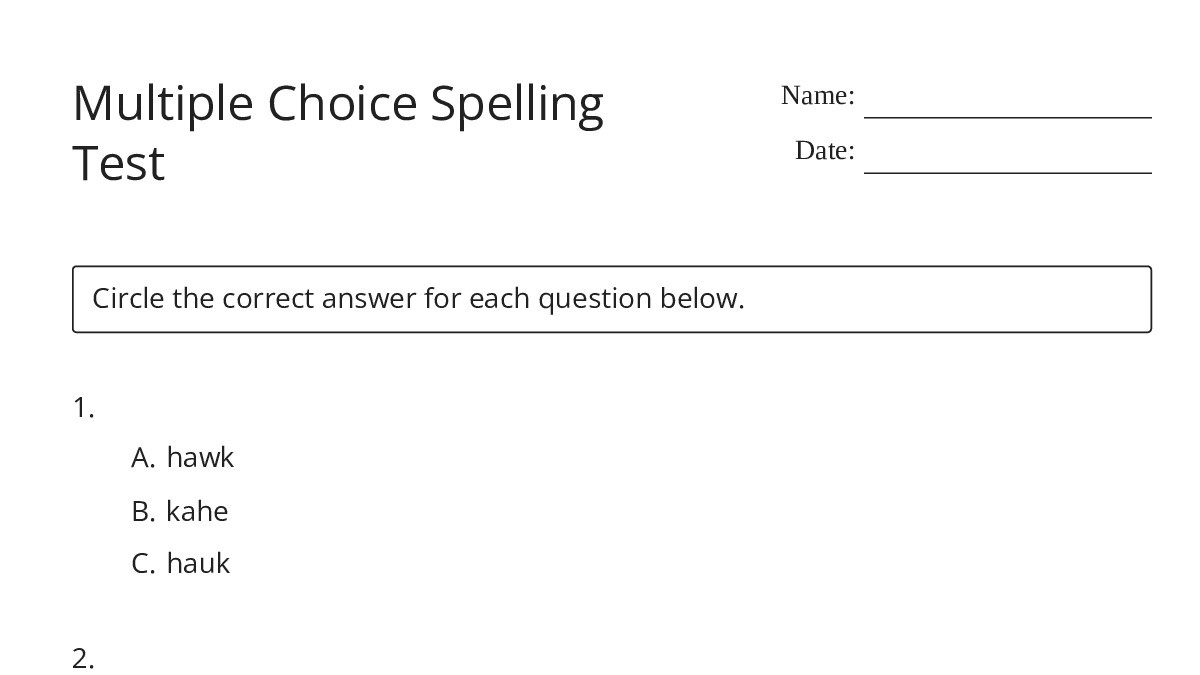 Multiple Choice Spelling Test - My Worksheet Maker: Create Your Own ...
