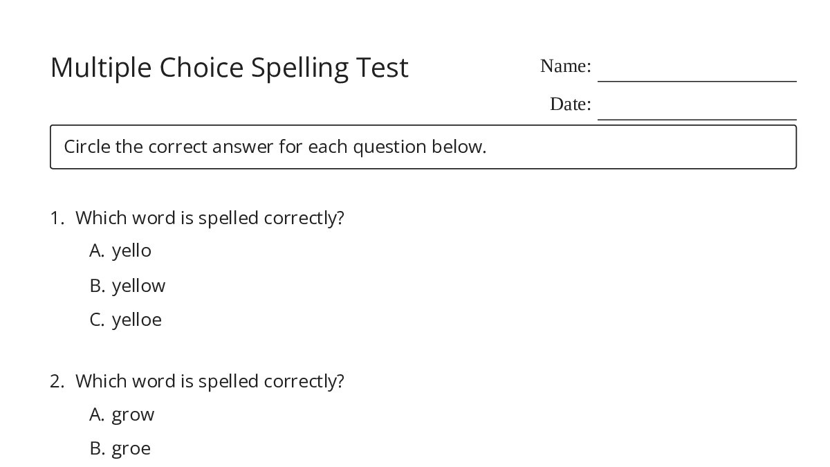 Multiple Choice Spelling Test - My Worksheet Maker: Create Your Own ...