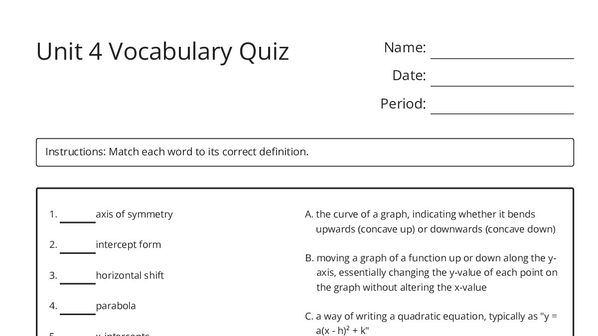 Unit 4 Vocabulary Quiz - My Worksheet Maker: Create Your Own Worksheets