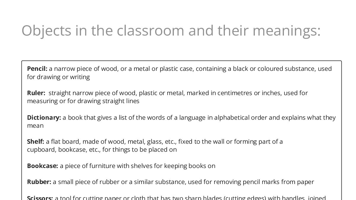 Words As Objects Examples Objects in the classroom and their meanings: - My Worksheet Maker ...