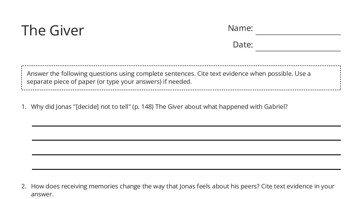The Giver - My Worksheet Maker: Create Your Own Worksheets