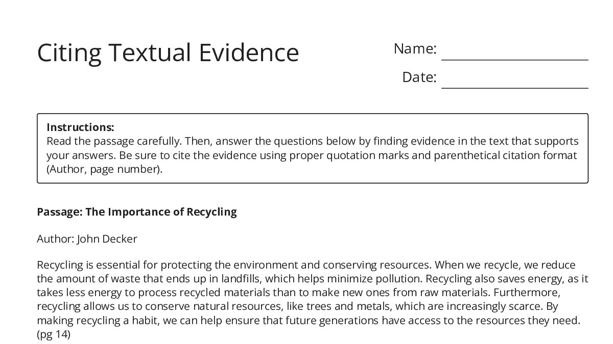 Citing Textual Evidence - My Worksheet Maker: Create Your Own Worksheets