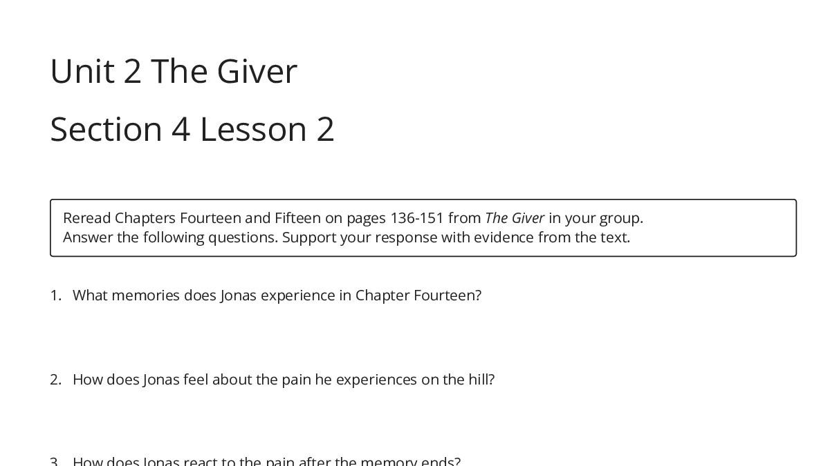 Unit 2 The Giver Section 4 Lesson 2 - My Worksheet Maker: Create Your ...