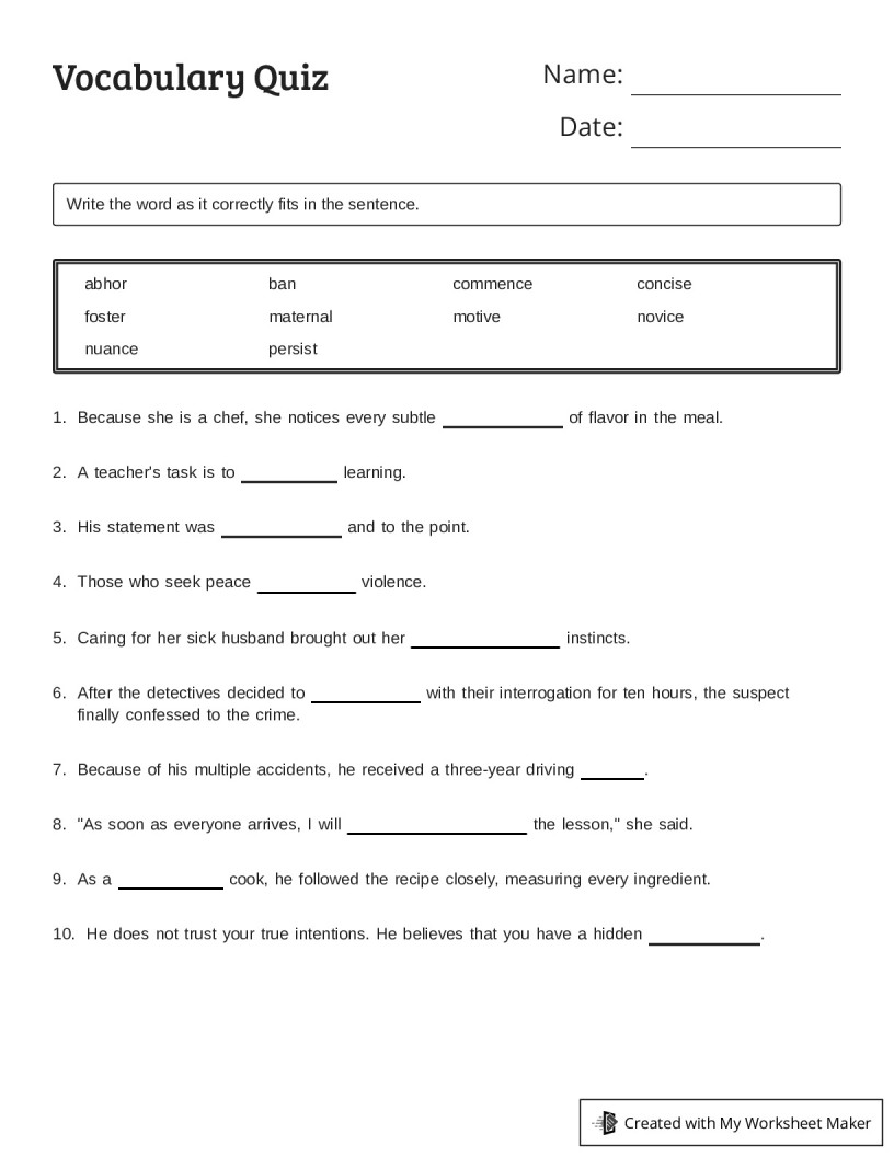 Vocabulary Quiz - My Worksheet Maker: Create Your Own Worksheets