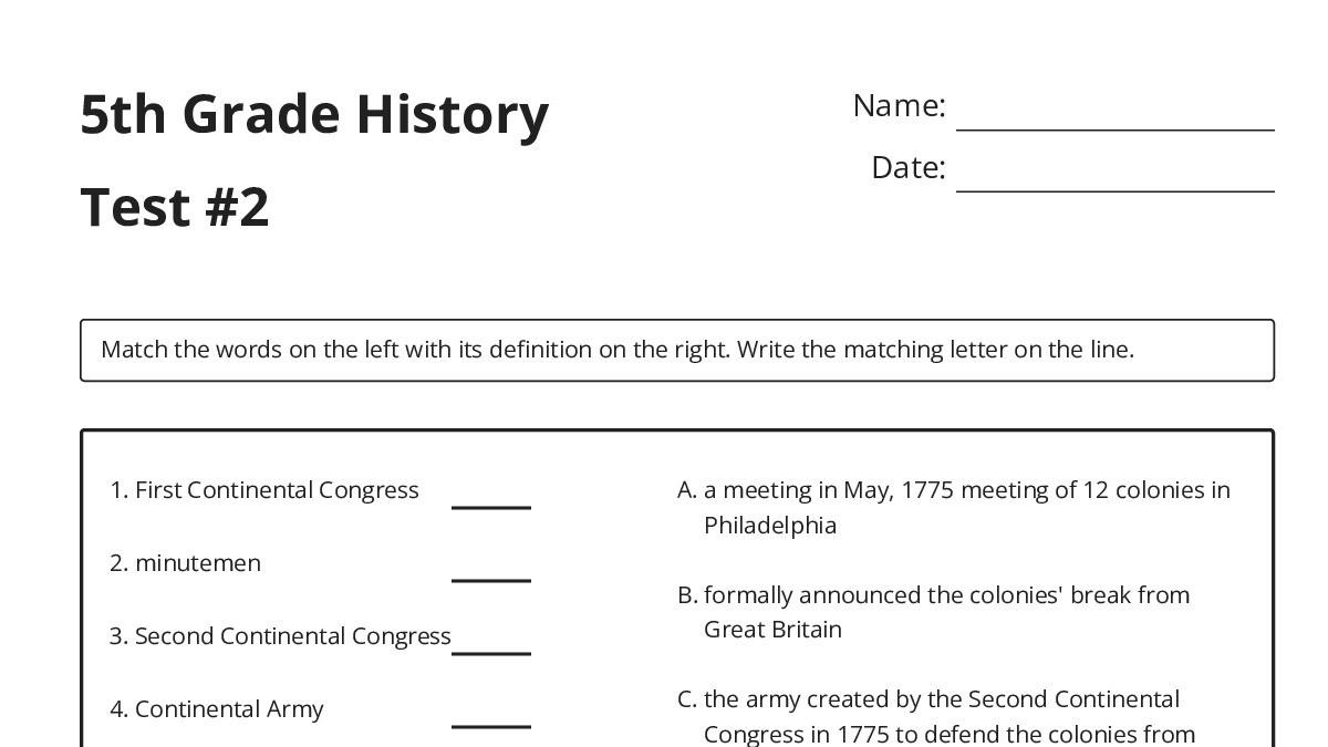 5th Grade History Test #2 - My Worksheet Maker: Create Your Own Worksheets