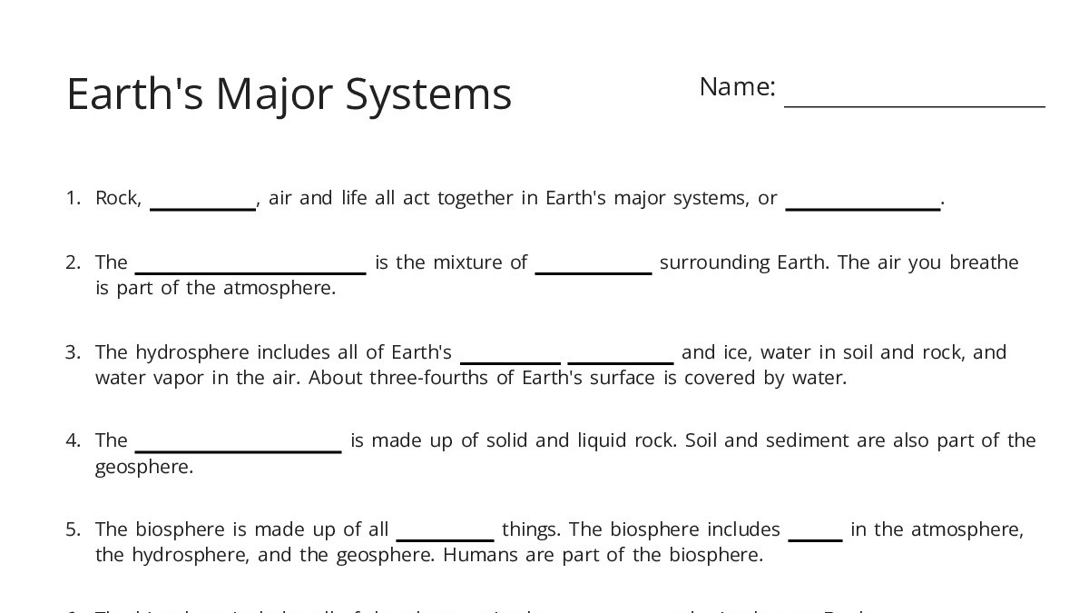 Earth's Major Systems - My Worksheet Maker: Create Your Own Worksheets