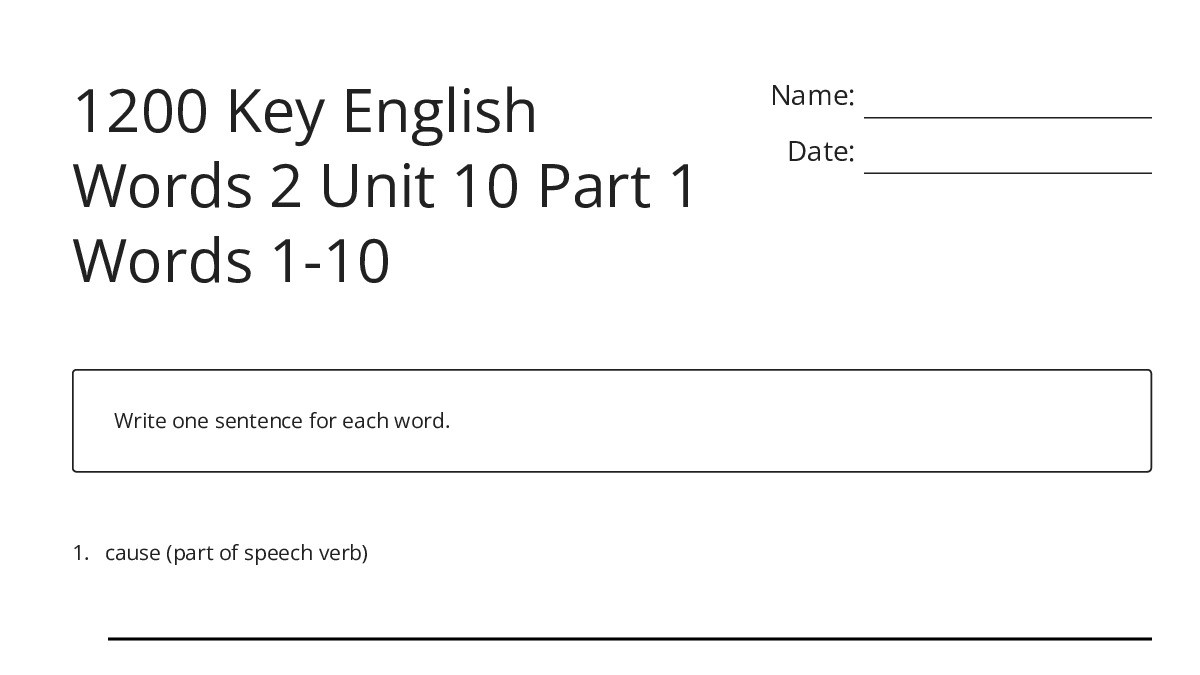 1200 Key English Words 2 Unit 10 Part 1 Words 1-10 - My Worksheet Maker ...