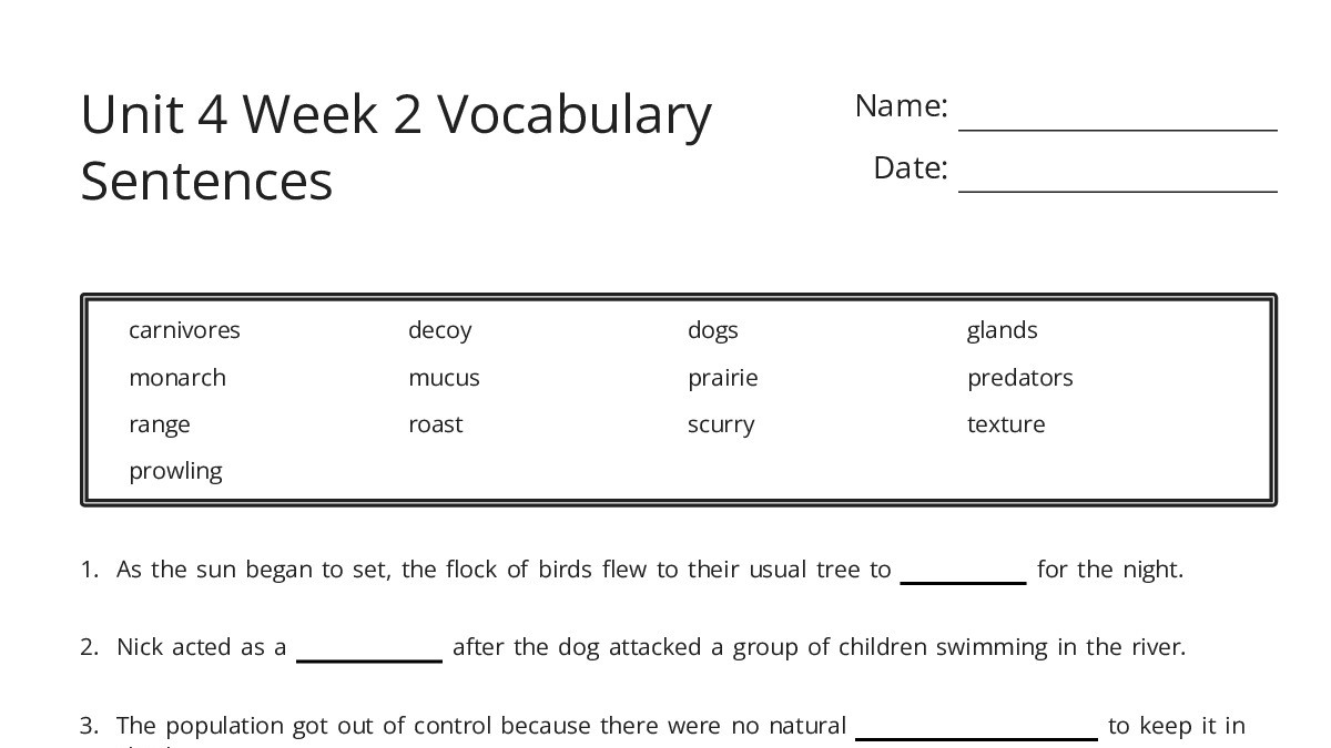 Unit 4 Week 2 Vocabulary Sentences - My Worksheet Maker: Create Your ...