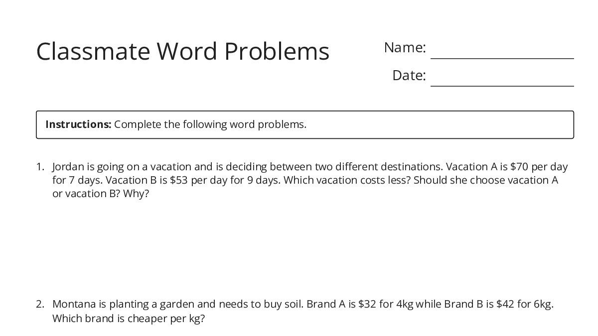 Classmate Word Problems - My Worksheet Maker: Create Your Own Worksheets