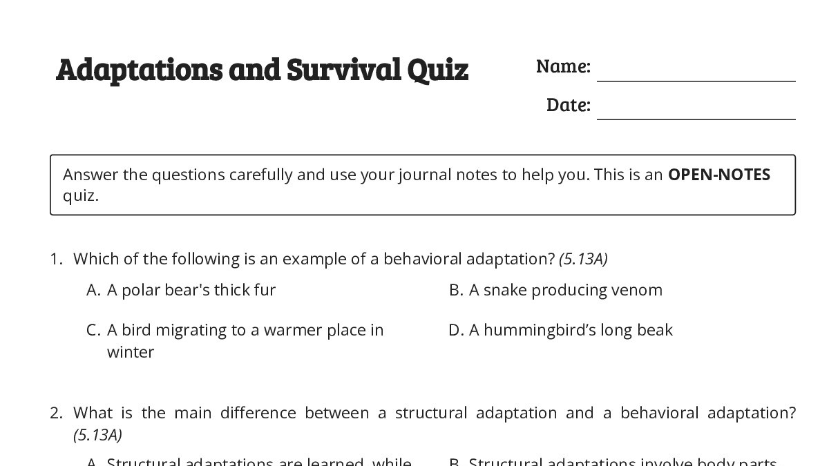 Adaptations and Survival Quiz - My Worksheet Maker: Create Your Own ...