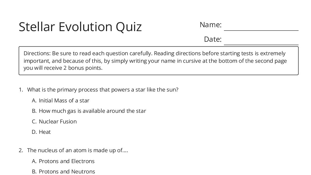 Stellar Evolution Quiz - My Worksheet Maker: Create Your Own Worksheets