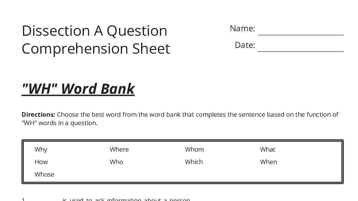 Dissection A Question Comprehension Sheet - My Worksheet Maker: Create ...