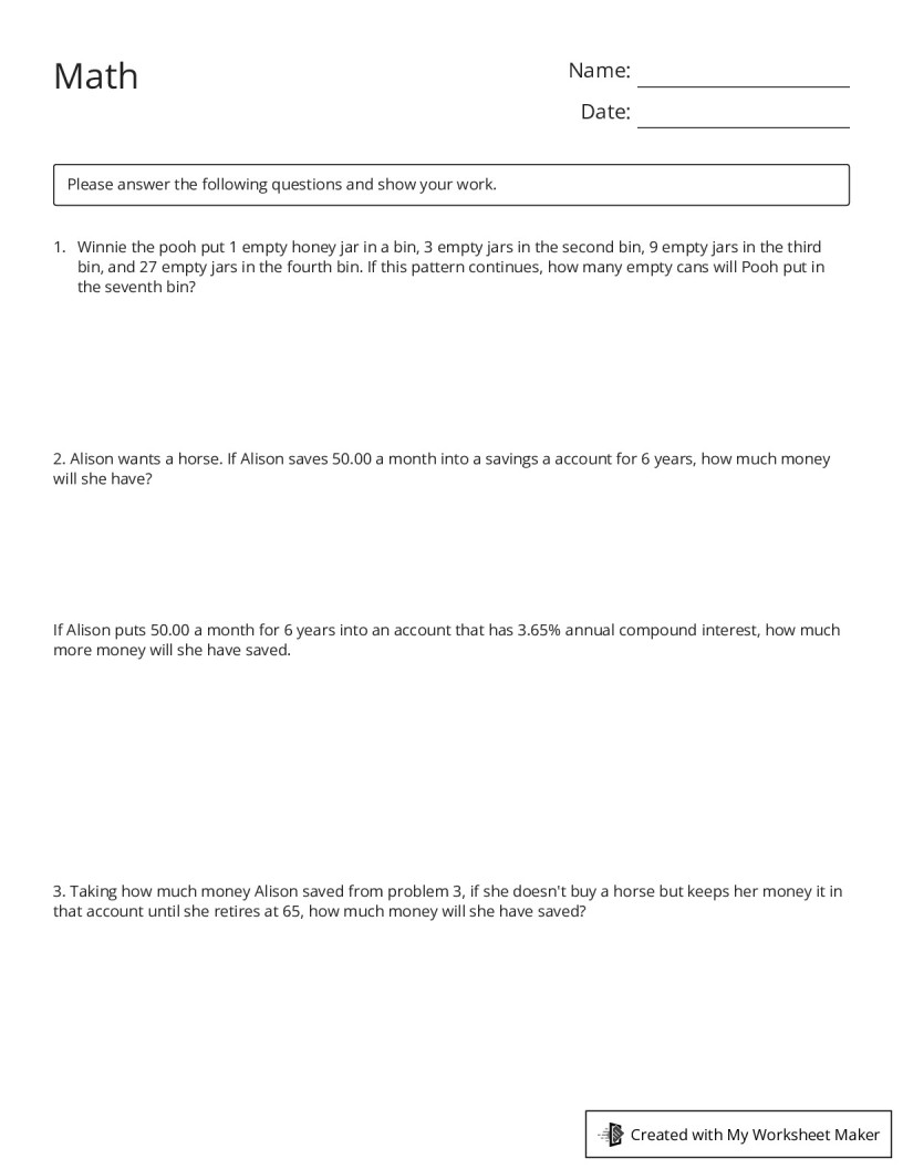 Math - My Worksheet Maker: Create Your Own Worksheets