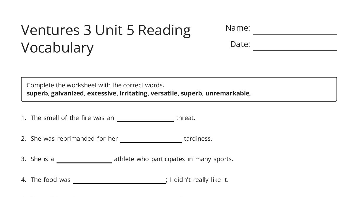 Ventures 3 Unit 5 Reading Vocabulary - My Worksheet Maker: Create Your ...