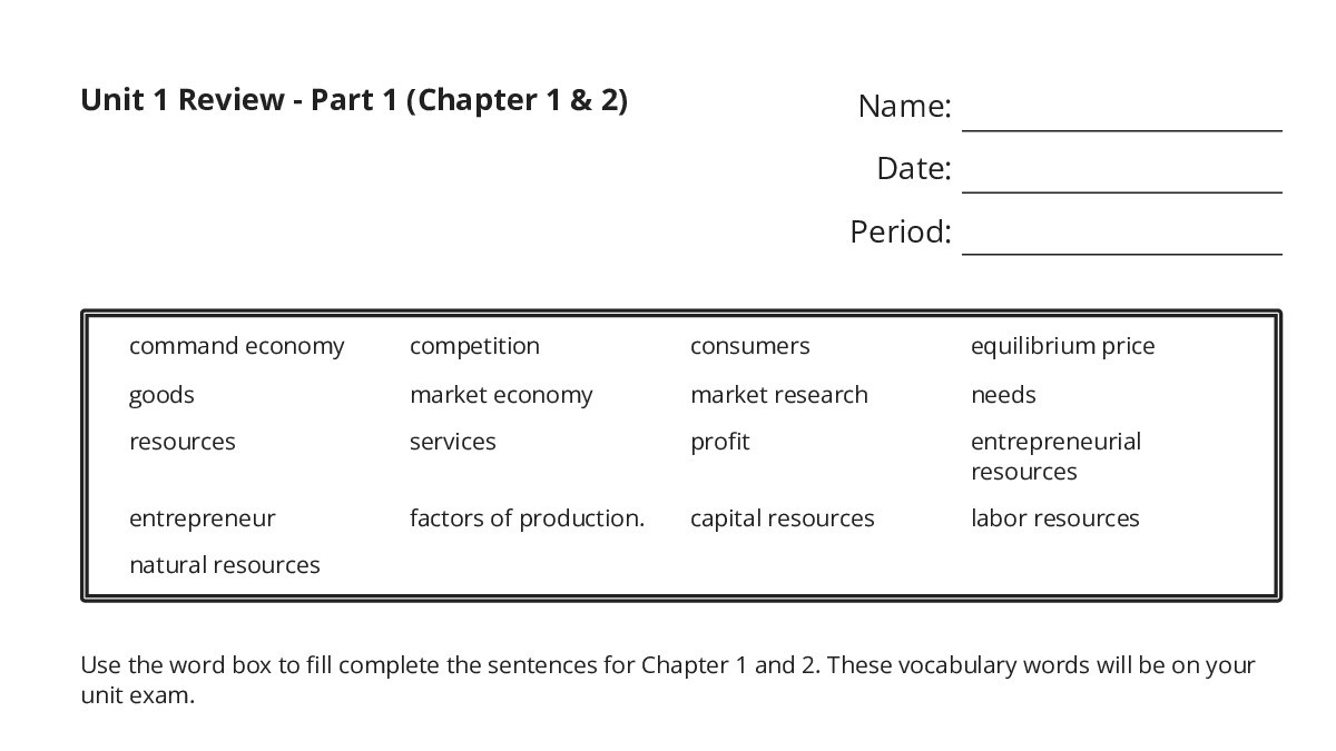 Unit 1 Review - Part 1 (Chapter 1 & 2) - My Worksheet Maker: Create ...