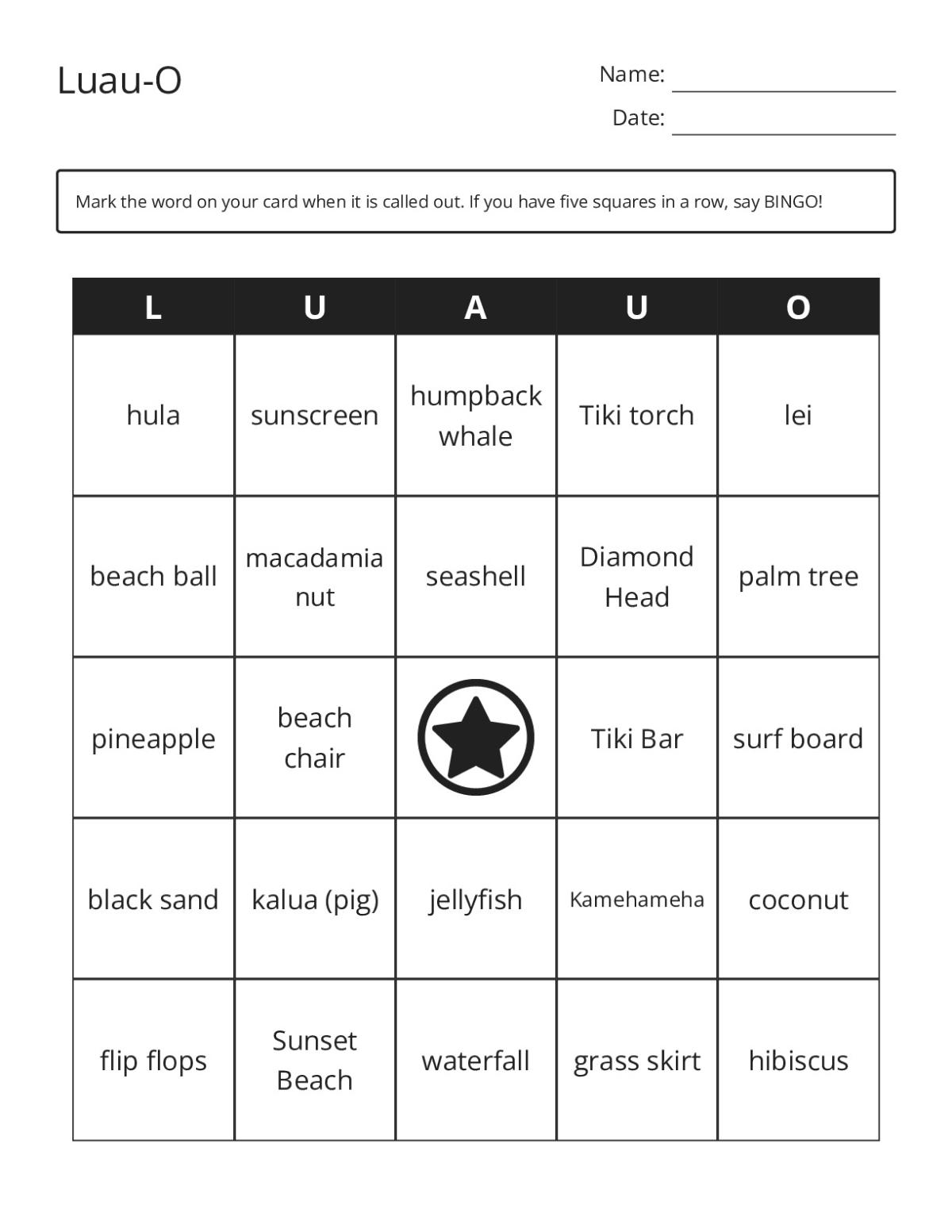 Luau bingo cards with Hawaiian vocabulary including lei, hula, volcanoes, and tropical animals.